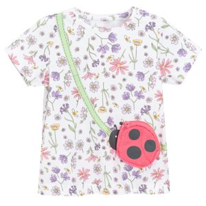 Květované tričko s krátkým rukávem s beruškou -krémové - 62 CREAMY