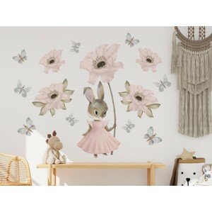 DEKORACJAN Nálepka na zeď - Králičí holčička s květy a motýly