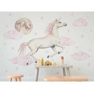 DEKORACJAN Nálepka na zeď - Jednorožec v oblacích barva: růžová