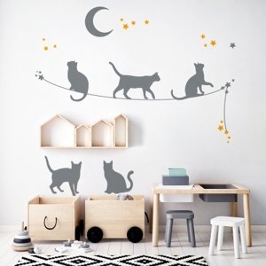 Yokodesign Nástěnná samolepka - stínové obrázky - kočky na laně barva kočky: černá, barva doplňky: růžová