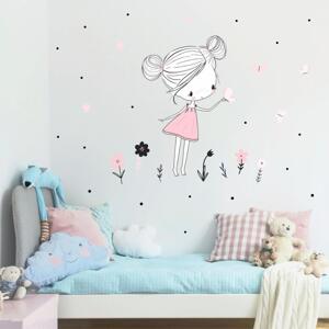 Dětské samolepky na zeď - Víla v pudrových barvách s motýly a květinami 90x60