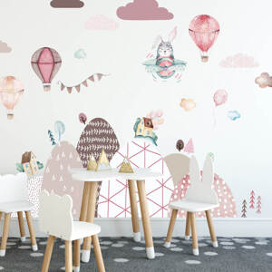 Samolepky na zeď - Kopce a balóny v růžovém 90x140