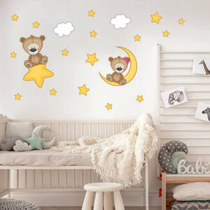 Dětské samolepky na zeď - Plyšoví medvídci s hvězdami a měsícem 90x50