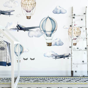Samolepky na zeď - Akvarelová letadla a balóny 90x120