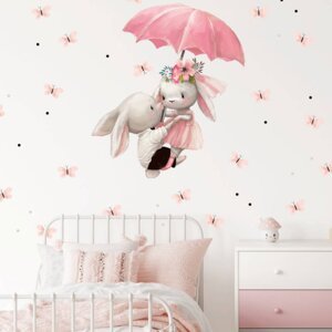Samolepka na zeď pro děti - Zajíčci letící na deštníku 90x60