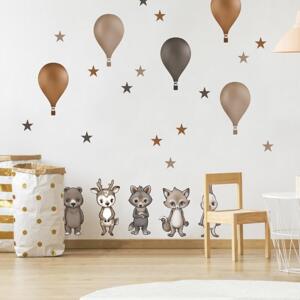 Dětské samolepky na zeď - Lesní zvířátka s balóny v hnědých barvách 90x80