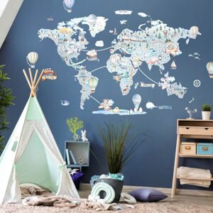 Dětské samolepky na zeď - Cestovatelská mapa světa pro kluky 90x260