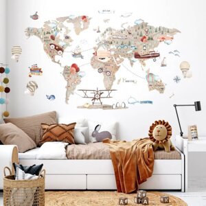 Dětské samolepky na zeď - Hnědá mapa světa pro malé dobrodruhy 90x260