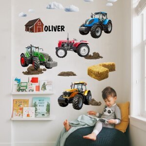 Samolepka na zeď pro kluky - Auta a traktory 90x90