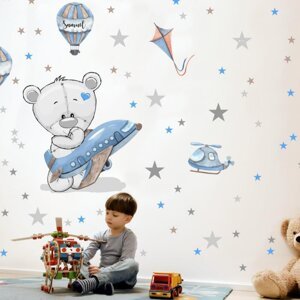 Chlapecká samolepka na zeď - Medvídek s modrým letadlem 90x110
