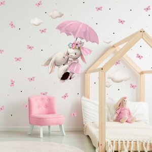 Samolepka na zeď - Zajíci letící na růžovém deštníku 90x110
