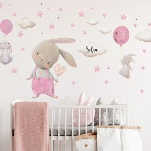 Přelepitelná samolepka na zeď pro dívku - Zajíčci s balónky 90x110