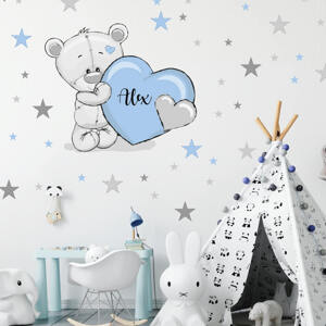 Samolepky do dětského pokoje - Medvídek s hvězdami v modré barvě 90x110