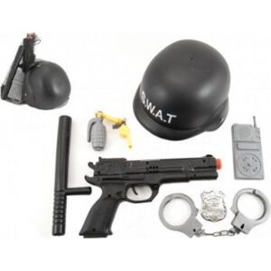 Sada policie helma + pistole na setrvačník s doplňky Swat helma černá