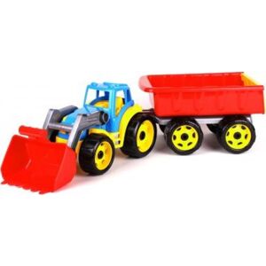 Traktor-nakladač-bagr s vlekem se lžící plast na volný chod červená vlečka