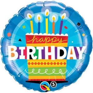 Qualatex Fóliový balónek 18" QL CIR "Všechno nejlepší k narozeninám dort se svíčkami" ST ASORT
