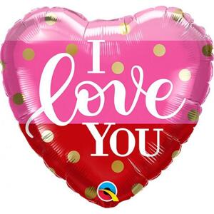 Qualatex 18" fóliový balónek QL HRT - I Love You, zlaté puntíky