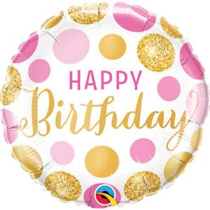 Qualatex Fóliový balónek 18" QL CIR - "Happy Birthday Pink & Gold Dots
