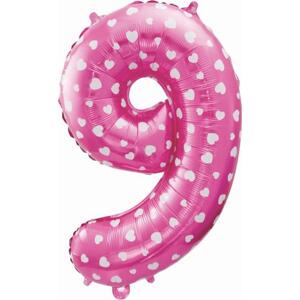 Godan / balloons Fóliový balónek "Číslo 9", růžový se srdíčky, 61 cm KK