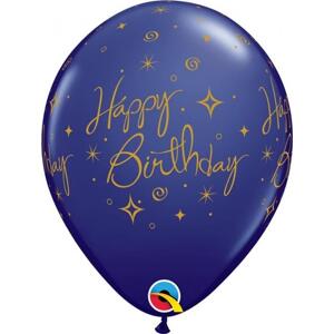 Qualatex Balónek QL 11" s potiskem "Happy Birthday - Elegant Sparkles & Swirls", tmavě modrý pastel / 25 ks.