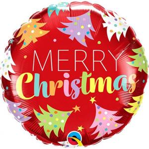 Qualatex Fóliový balónek 18" QL RND "Merry Christmas" (barevné vánoční stromky)