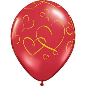Qualatex Balónek QL 11" s potiskem "Hearts", křišťálově červená / 25 ks.