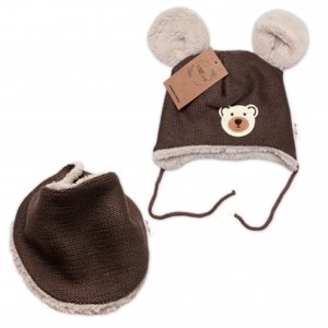 Pletená zimní čepice s kožíškem a šátkem Teddy Bear, Baby Nellys, hnědá, vel. 56-62 (0-3m)