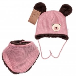 Pletená zimní čepice s kožíškem a šátkem Teddy Bear, Baby Nellys, růžová, vel. 56-62 (0-3m)