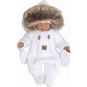 Z&Z Zimní kombinéza s dvojitým zipem, kapucí a kožešinou + rukavičky, Angel - bílá, vel. 86 (12-18m)