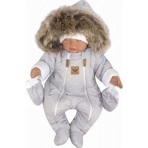 Z&Z Zimní kombinéza s dvojitým zipem, kapucí a kožešinou + rukavičky, Angel - šedý, vel. 56 (1-2m)