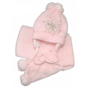 Zimní čepička s šálou - Sněhová vločka v růžové, 0-6m, Baby Nellys, vel. 56-68 (0-6 m)