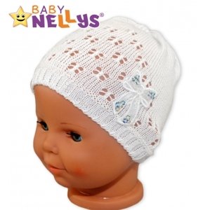 Háčkovaná čepička Mašle Baby Nellys ® - s flitry - bílá, vel. 56-62 (0-3m)
