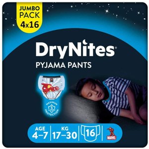 Huggies Jednorázové pyžamové kalhoty DryNites pro chlapce Marvel Design 4-7 let jumbo balení 4 x 16 ks