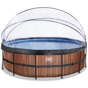 Rámový bazén EXIT ø488x122cm (12v Sand filtr) - dřevěná optika + střešní okno + tepelné čerpadlo