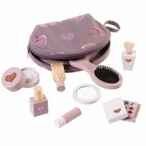 howa ® Toy make-up set kosmetická taška pro děti s 8 ks dřevěných doplňků a samolepkami srdíček